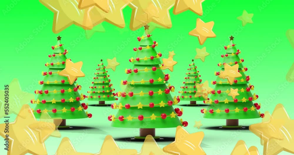 Animation of stars over christmas tree on green background Animation of stars over christmas tree on green background