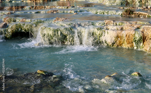 The beautiful Cascate del Mulino, natural limestone pools and free spas of Saturnia, Grosseto, Tuscany, Italy. Sulphuric waters rising from the ground at 37.5°C creating warm thermal pools for bathing © Travel Photos