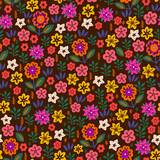 Amazing seamless floral pattern with bright multicolored flowers and leaves on a dark brown background. An elegant template for fashionable prints. Modern floral background. Folk style.