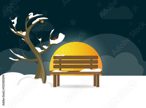 Winter background - trees, snowdrifts, snowflakes, bench. vector image