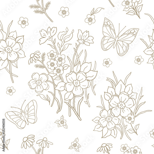 The pattern is a linear pattern of blooming summer flowers and butterflies. Background in small multicolored colors for textiles  fabrics  cotton fabric  covers  scrapbooking.