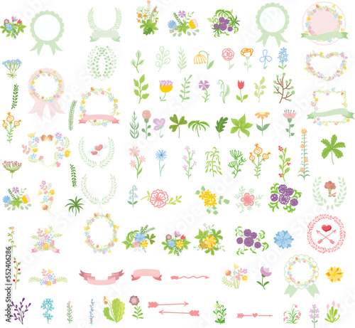 Set of wedding or valentine's day graphic set- wreath, flowers, arrows, hearts, laurel, ribbons and labels, hand drawing vector illustration