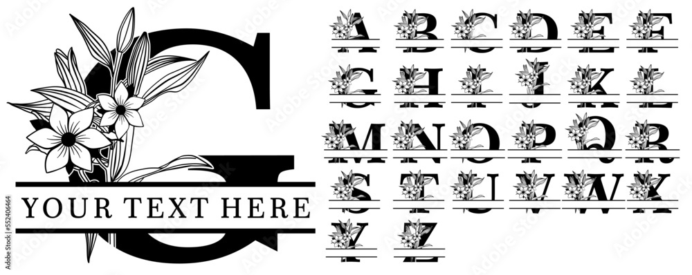 Floral Split Alphabet Monogram Letters A-Z, Split Letter, Split Font Stock  Vector