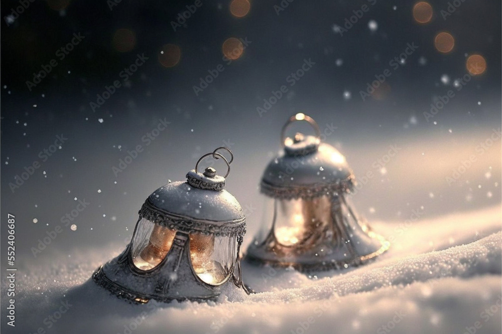 Fototapeta premium gorgeous magical bells shimmering on Christmas snow background.Generative AI.