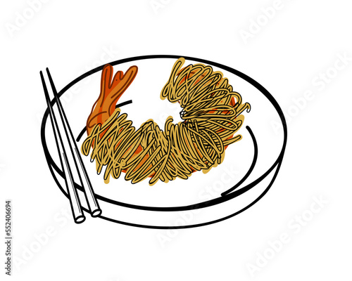 Deep Fried Prawns Wrapped In Vermicelli.
Thai snack.  
Flat and doodle vector illustration