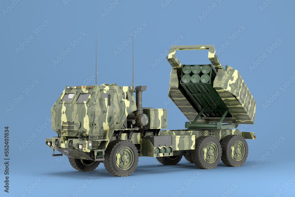 Himars High Mobility Artillery Rocket System land leases for ukraine 3d render on blue Himars High Mobility Artillery Rocket System land leases for ukraine 3d render on blue