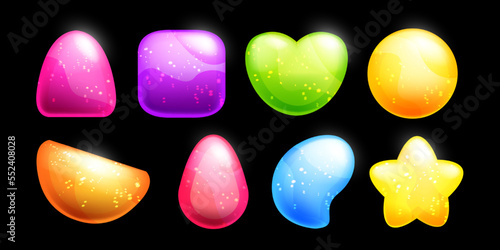 3D jelly marmalade, vector game candy icon set, gelatine cartoon sweets kit, glossy heart, star. Gummy dessert, UI colorful mobile casino app elements different shapes. Shiny jelly sweets clipart