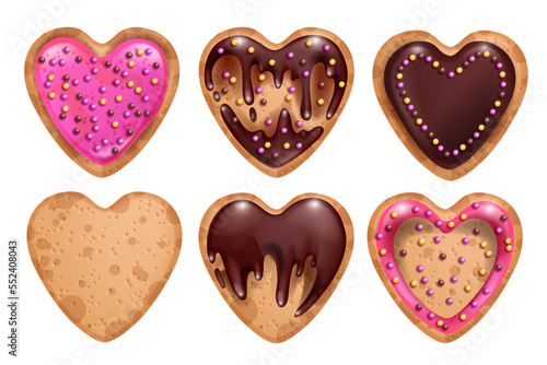 Heart cookie Valentine’s Day set, cartoon vector chocolate cute dessert, sweet food background kit. Holiday pastry doughnut, biscuit frosting, pink glaze, love symbol. Heart cookie bakery clipart