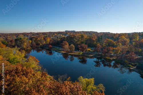 An aerial view of a beautiful autumn pond 