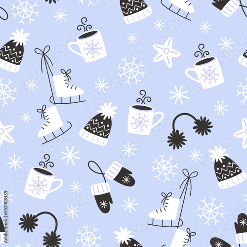 Festive winter pattern with cozy elements in flat style