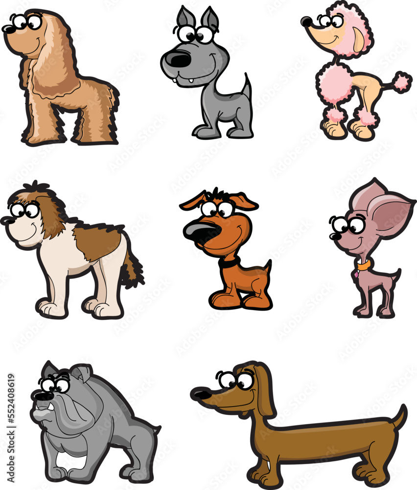Fototapeta premium Cute funny cartoon dogs vector puppy pet characters different breads doggy illustration. Human friends home animals