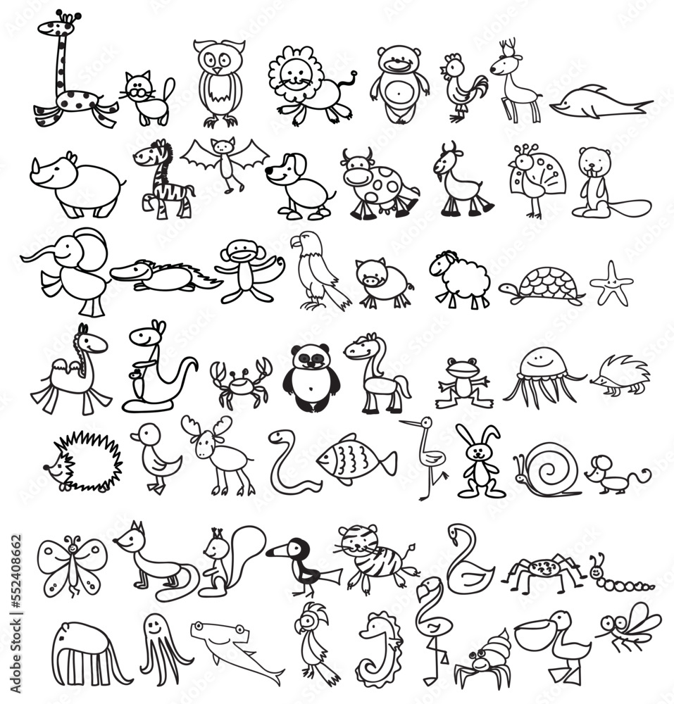 Naklejka premium Children's drawings of cute doodle animals illustrations