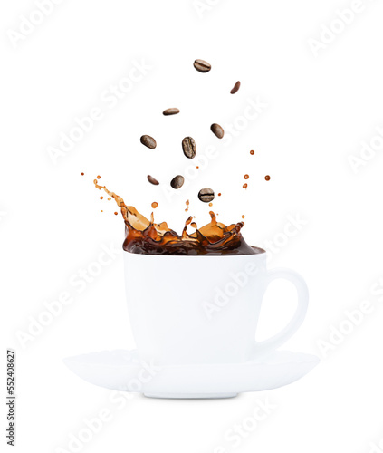 white cup of coffee with coffee beans on plate, splashing, isolated, white background