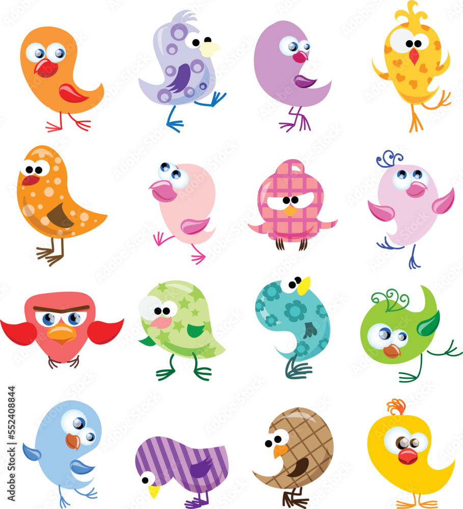 Fototapeta premium Funny birds collection. Cute hand drawn owl characters. Set of vector illustrations in cartoon style