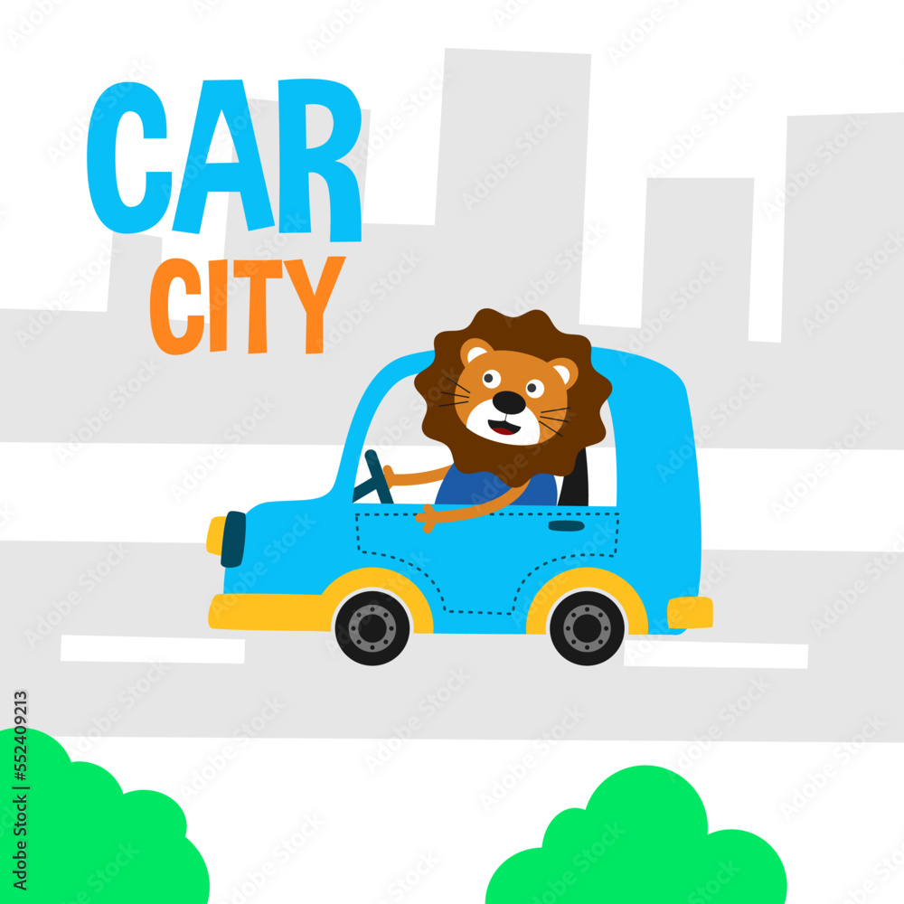 Naklejka premium Cute animal cartoon lion driving a car in the city vector design illustration