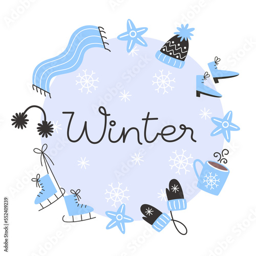Card with cozy elements on the theme of winter activities