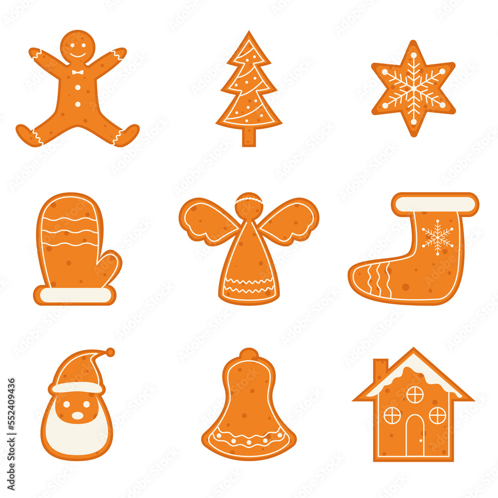 A set of cute gingerbread biscuits for Christmas. Isolated on a white background. Vector illustration A set of cute gingerbread biscuits for Christmas. Isolated on a white background. Vector illustration