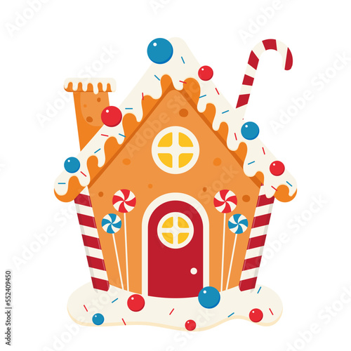 Bakery house. Christmas gingerbread. Cookies in the form of houses with candy decorations. Christmas sweets and gifts. Striped lollipops. Vector illustration