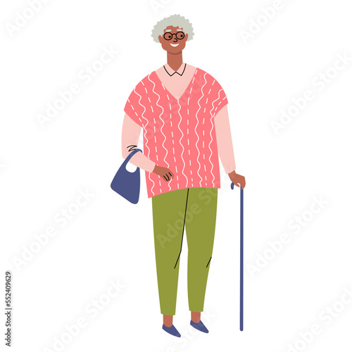 Dark-skinned senior woman with bag and stick. Cute grandmother in glasses, with short gray hair. Elderly woman on a walk. Grandma isolated in flat style. Vector illustration.