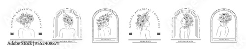 Hand drawn set of woman figure with flowers, leaves in line art. Gentle silhouette young women, bouquet. Peony, cotton, lily, lotus, rose. Portrait abstract face. Vector illustration isolated on white