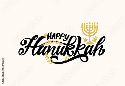 Happy Hanukkah holiday lettering with menorah. Hand drawn typography design with modern calligraphy. Vector menorah and candelabrum. Logotype, badge and icon typography. Calligraphy banner.