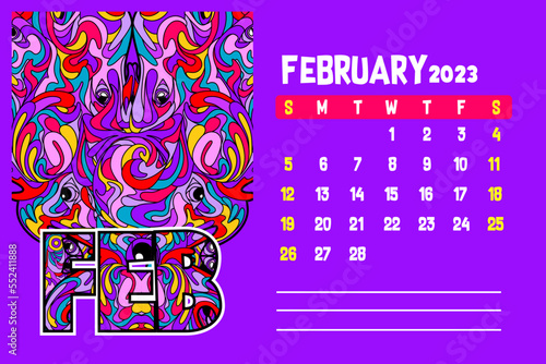 illustration for 2023 calendar template in abstract style, february