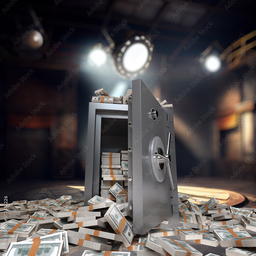 Open safe full of dollars, box, money, dollar, bill, note, cash, wealth,  finances, fortune, bank, security, protection, lock, savings box, stack,  stash, safety Stock-illustration | Adobe Stock