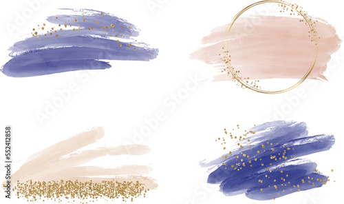 Hand drawing blue and peach watercolor brush stroke splashes with glitter confetti texture
