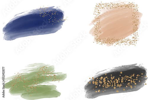 Green, black, blue and peach watercolor brush stroke splashes with glitter confetti texture
