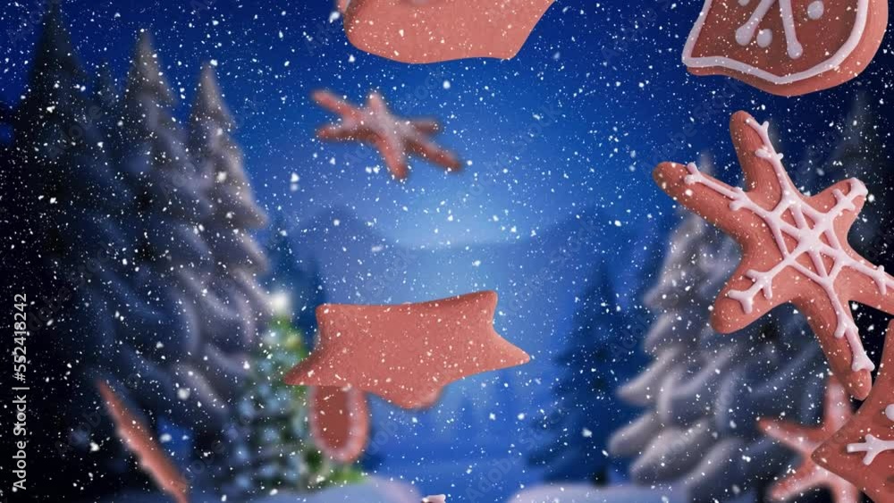 Animation of christmas gingerbread cookies over snowflakes falling and winter scenery Animation of christmas gingerbread cookies over snowflakes falling and winter scenery