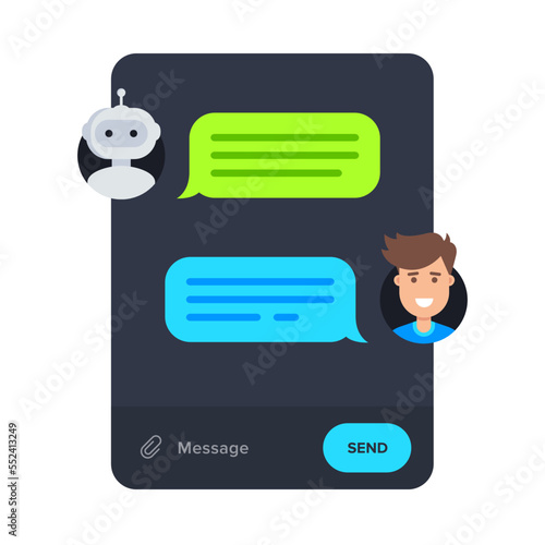 Chatbot concept. Cartoon messenger vector design. Man chatting with robot in messenger app. Vector illustration in flat style