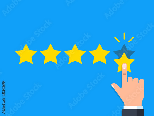 Positive feedback concept. Business hand give five star rating. Customer satisfaction. Vector illustration