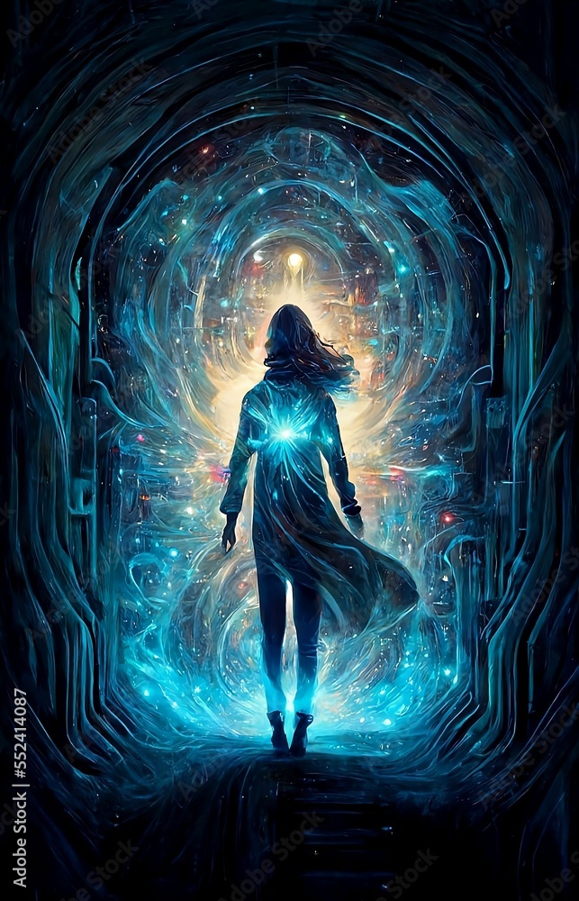 Woman walking in to the next dimension. Generative AI, this image is not based on any original image, character or person.