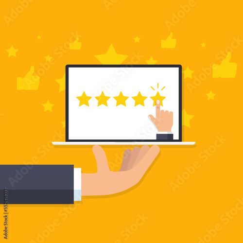 Restaurant feedback concept. Waiter's hand holds laptop with hand that gives five stars. Rating system or reputation and quality of restaurant. Vector illustration in flat style