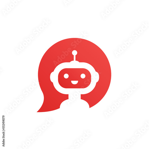 Robot in red speech bubble on white background. Cute robot icon in speech bubble. Support service bot. Vector illustration