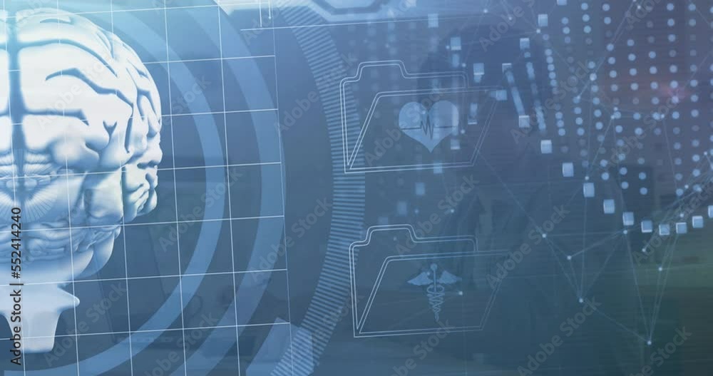 Animation of data processing with digital brain over african american man using laptop Animation of data processing with digital brain over african american man using laptop