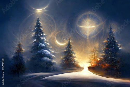 Christmas´Eve, the first of the 12 Christmas nights, Christ is being born, God´s love in this peacefull night, greetings, season, religion, illustration, generative ai photo