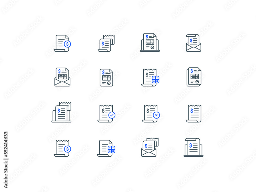 Tax, Bill, Invoice, Receipt flat line icon collection. Payment and bill invoice. Paper finance document outline icon set. Order and Tax return symbol design concept. Vector flat line icon set Tax, Bill, Invoice, Receipt flat line icon collection. Payment and bill invoice. Paper finance document outline icon set. Order and Tax return symbol design concept. Vector flat line icon set