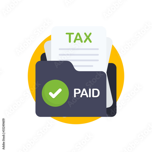 Tax return paid icon. Paper documents inside the folder with PAID sign. Vector flat style icon