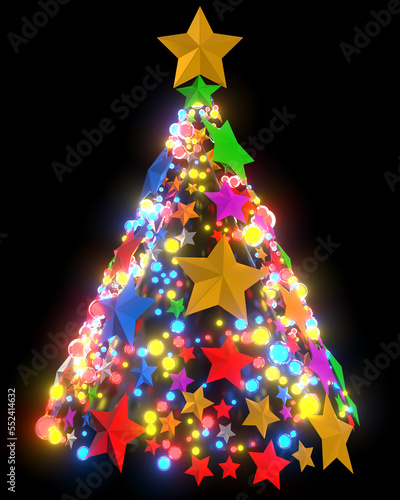 Christmas tree abstract with colorful cristmassy stars and lights on black background photo