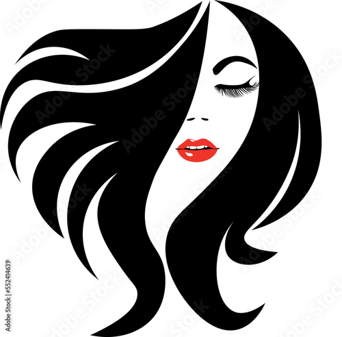 Women long hair style icon, logo women face on white background. Fashion brunette with red lips and nails. Illustration of women long hair style icon, logo women face