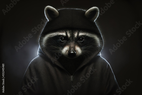 Raccoon with hoodie looking like a hacker or burglar , made with generative AI photo