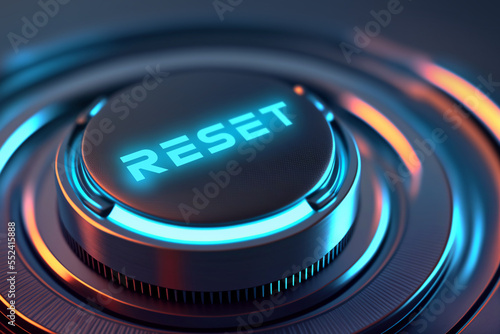 Blue glowing reset push button on metallic background, illuminated start button, generative ai