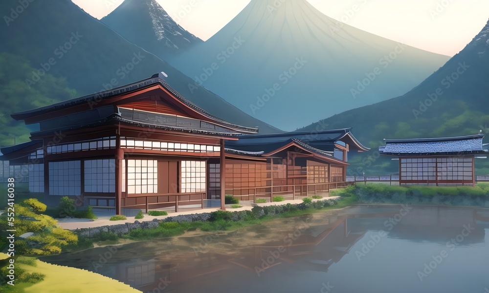 Scenic view on imaginary asian village in the mountains. Warm daylight  colors. Anime style digital illustration. Stock Illustration | Adobe Stock
