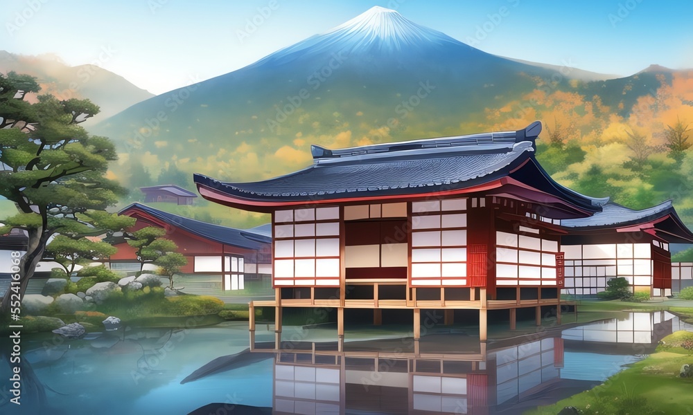 Fototapeta premium Scenic view on imaginary asian village in the mountains. Warm daylight colors. Anime style digital illustration.