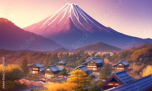 Scenic view on imaginary asian village in the mountains. Warm sunset colors. Anime style digital illustration.