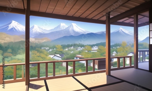 Scenic view on imaginary asian village from traditional looking balcony. Mountains in the background. Anime style digital illustration.