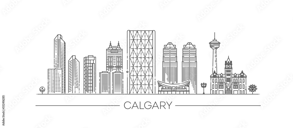 Outline Calgary. Canada City Skyline with Modern Buildings