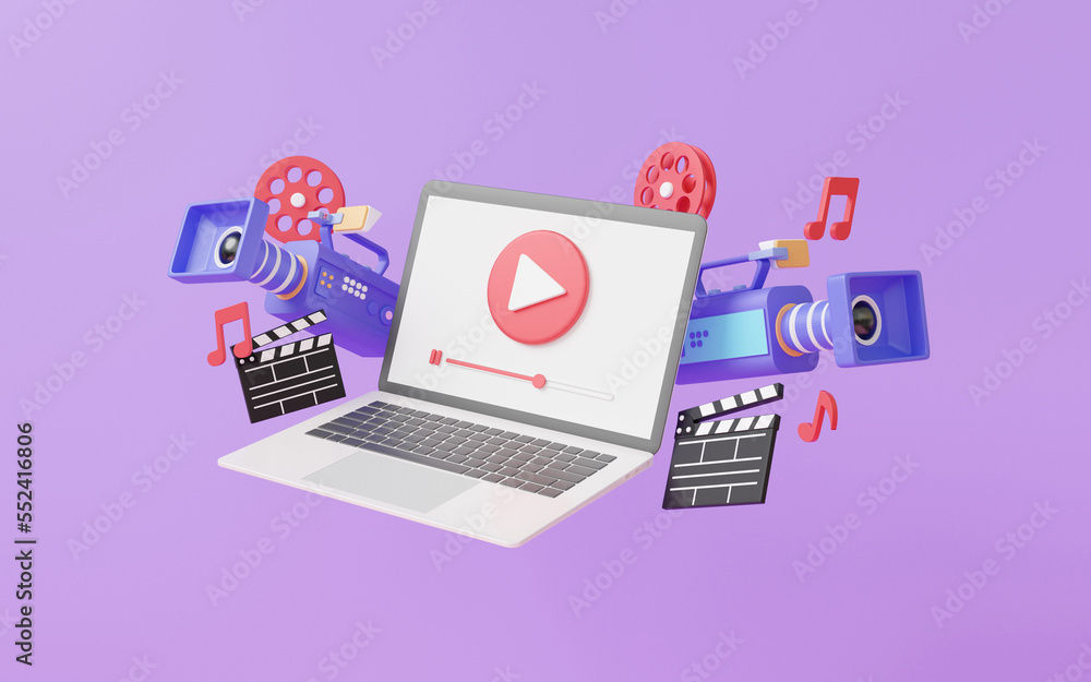 Computer laptop streaming playing video with movie camera clapper board floating with entertainment media creative professional, minimal cartoon, internet, banner, copy space, 3d render illustration