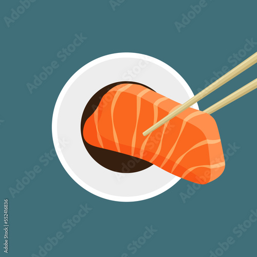 Japanese salmon sashimi. Chopsticks holding raw sliced fish dipped in soy sauce. Traditional Asian food. Vector illustration in trendy flat style isolated on white background.